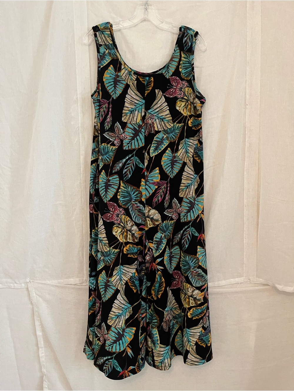 Sleeveless Black Tropical Leaf jumpsuit-romper- Teal & Yellow Floral Print